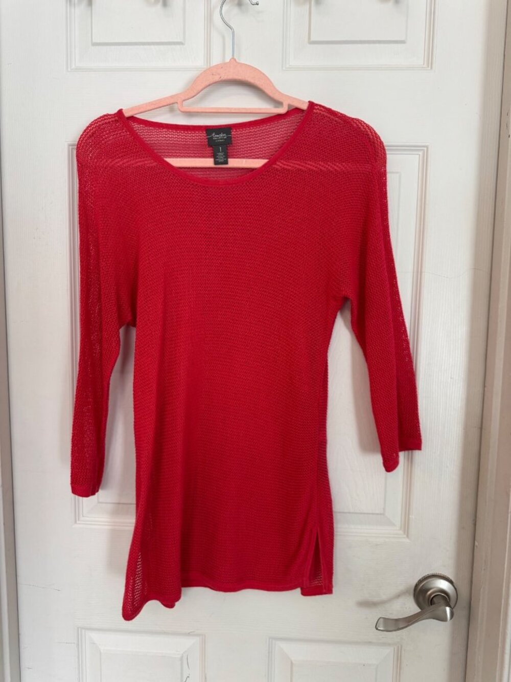 Chico's Travelers Collection Coral Red Open Knit Lightweight Sweater Tunic 1 Med